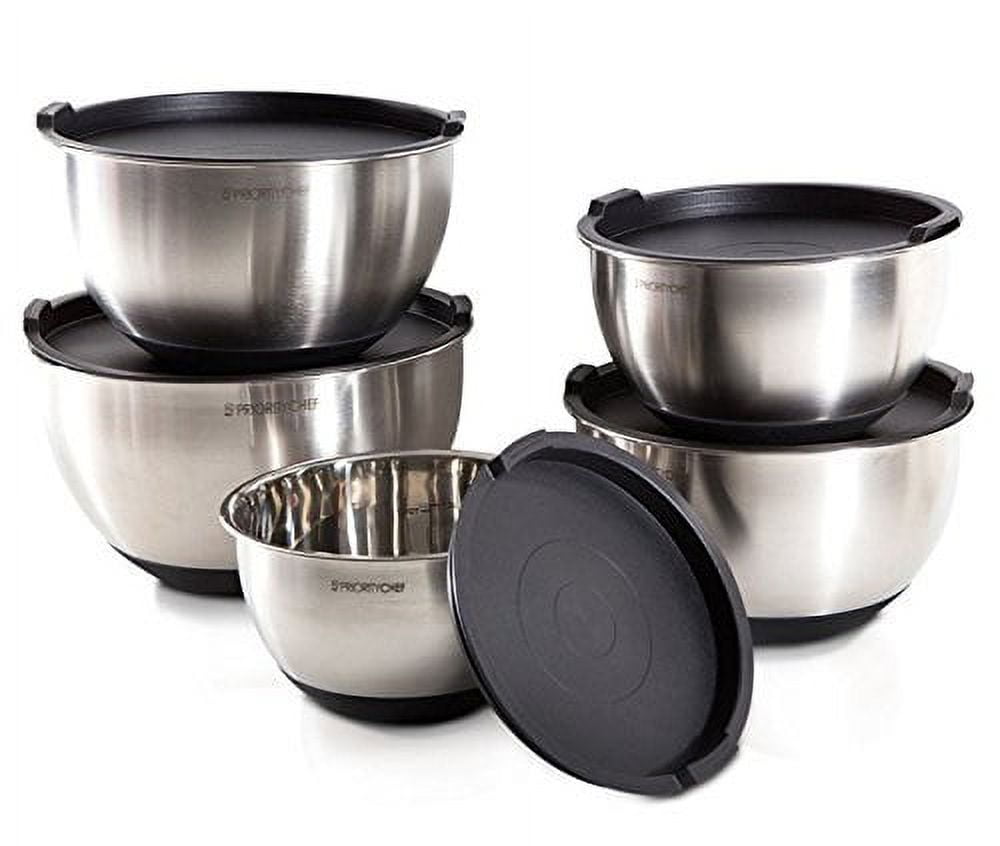 PriorityChef 5 Piece Mixing Bowls With Lids, Large 5 Quart Capacity,  Stainless Steel, Non Slip Silicone Bottom, Stackable For Minimal Storage,  Black Base 