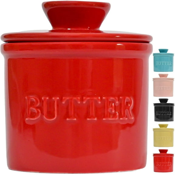 PriorityChef French Butter Crock with Lid, Butter Keeper to Keep Butter Spreadable & Fresh, Red