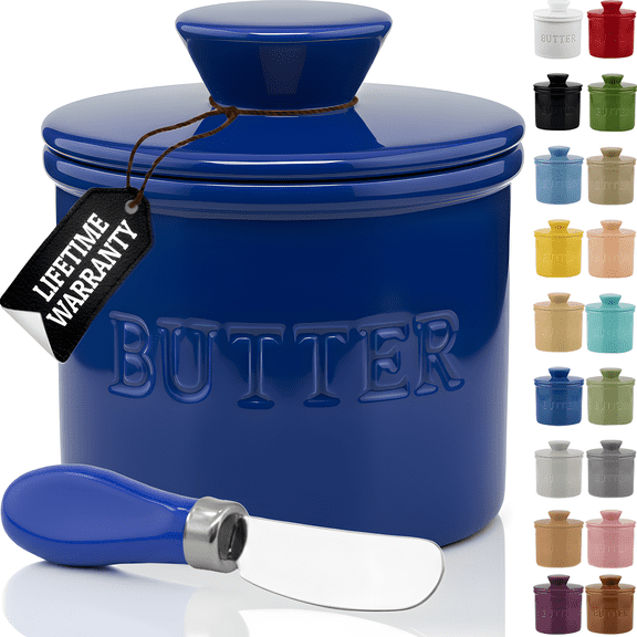 PriorityChef French Butter Crock for Counter With Water Line, Ceramic Butter Keeper, Dark Blue