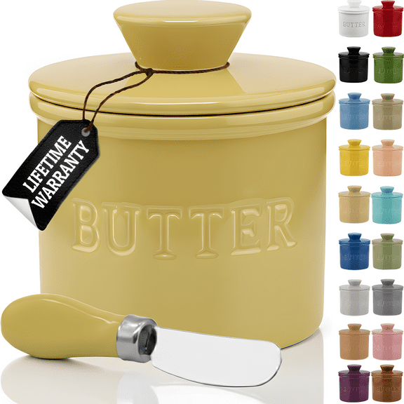 PriorityChef French Butter Crock for Counter With Water Line, Ceramic Butter Keeper, Khaki