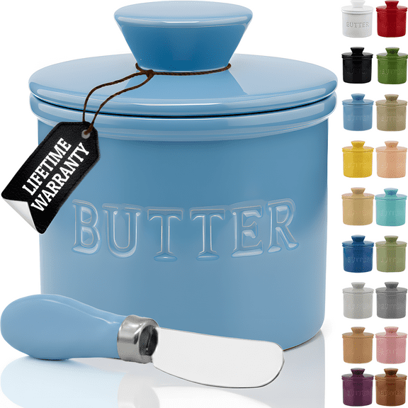 PriorityChef French Butter Crock for Counter With Water Line, Ceramic Butter Keeper, Light Blue
