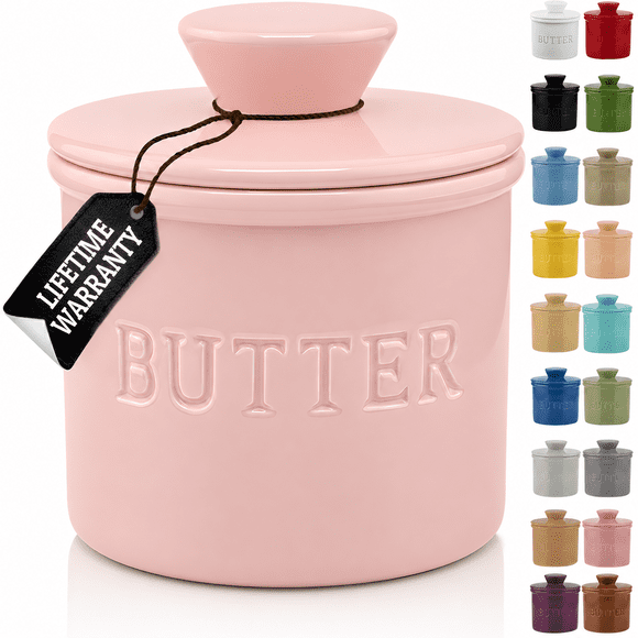PriorityChef French Butter Crock for Counter With Water Line, Ceramic Butter Keeper, Pink