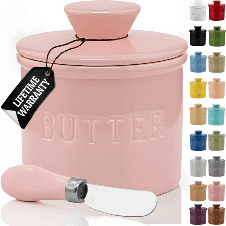 PriorityChef French Butter Crock for Counter With Water Line, Ceramic Butter Keeper, Pink