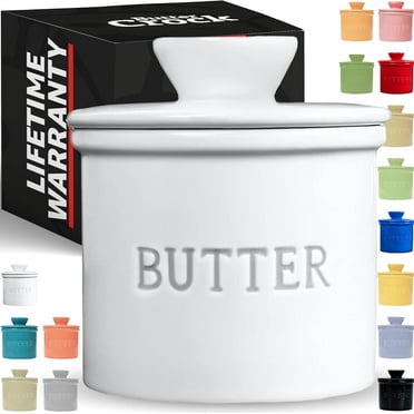 PriorityChef French Butter Crock for Counter With Water Line, Ceramic Butter Keeper, White