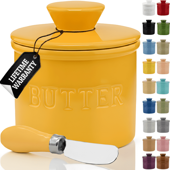 PriorityChef French Butter Crock for Counter With Water Line, Ceramic Butter Keeper, Yellow