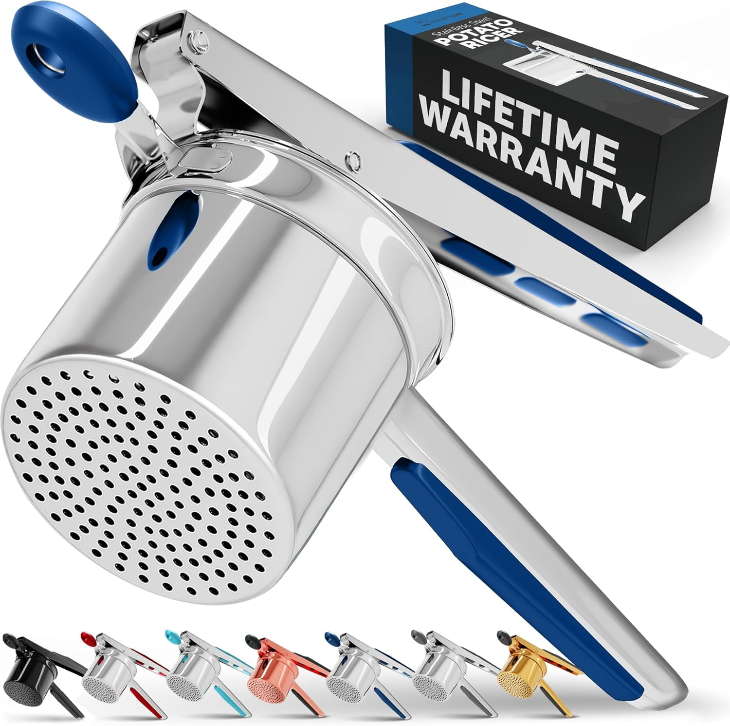 Large Blue and Silver Stainless Steel Potato Ricer