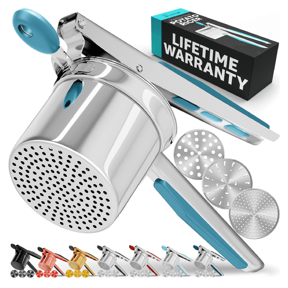 PriorityChef Large 15oz Potato Ricer with 3 Discs, Heavy Duty Stainless Steel Ricer, Turquoise