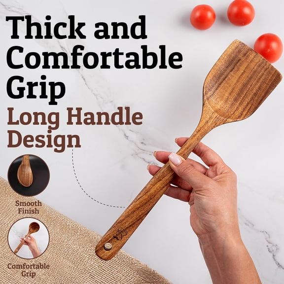 PriorityChef Premium 10pc Teak Wood Utensil Set with Hooks & Spoon Rest for Nonstick Cookware