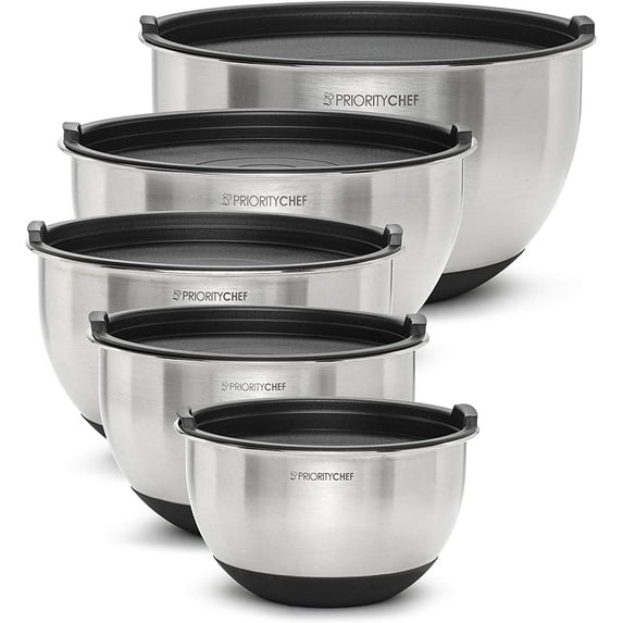 PriorityChef Premium Mixing Bowls With Lids, Inner Measurement Marks and Thicker Stainless Steel 5 Pc Bowl Set, Sizes 1.5/2/3/4/5 Qt