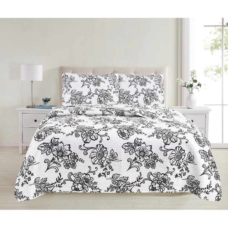 White Floral Microfiber Reversible Full Quilt Set