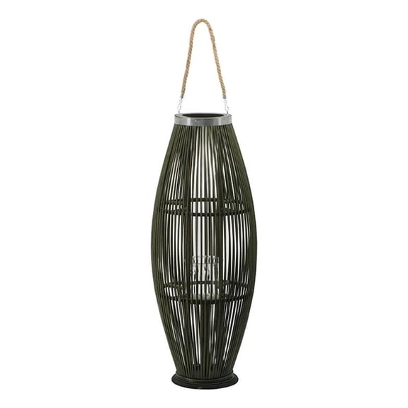 Prish Tall Lantern- Glass Insert- 33 Inch Green Bamboo Frame- Hemp Rope