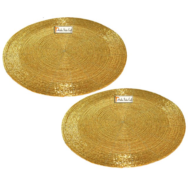 Prisha India Craft Handmade Gold Round Beaded Placemat for Dining Table