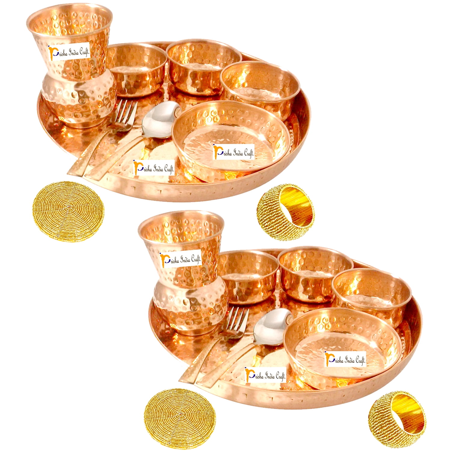 Indian Art Villa Handcrafted Pure Steel Copper Pieces Dinner Set with  Hammered Design