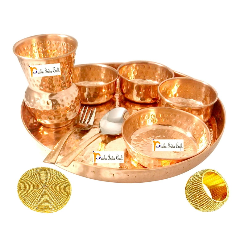 Free Shipping Prisha India Craft Indian Dinnerware Pure Copper Thali Set Dia 12 Traditional Dinner Set of Plate Bowl Spoons Glass with Napkin ring and Coaster Walmart