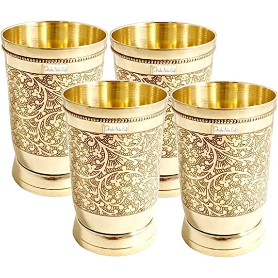 Prisha India Craft Pure Brass Glass Tumbler, Mughlai Style Embossed Design, Capacity 250 ML, Set of 4