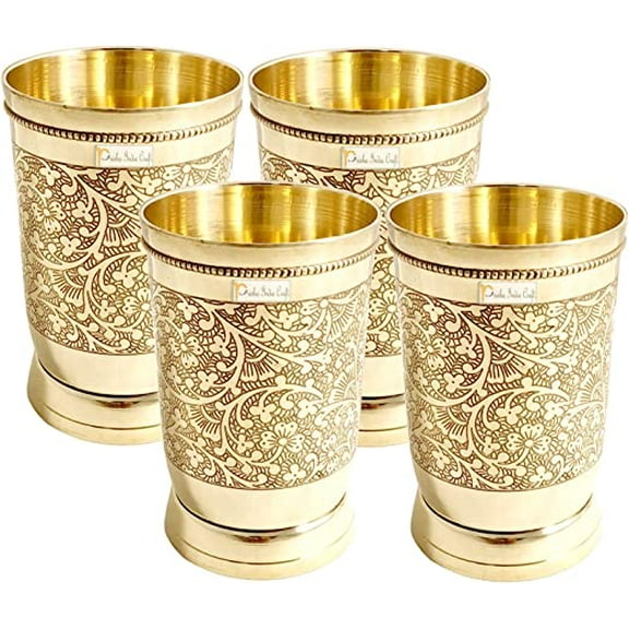 Prisha India Craft Pure Brass Glass Tumbler, Mughlai Style Embossed Design, Capacity 250 ML, Set of 4