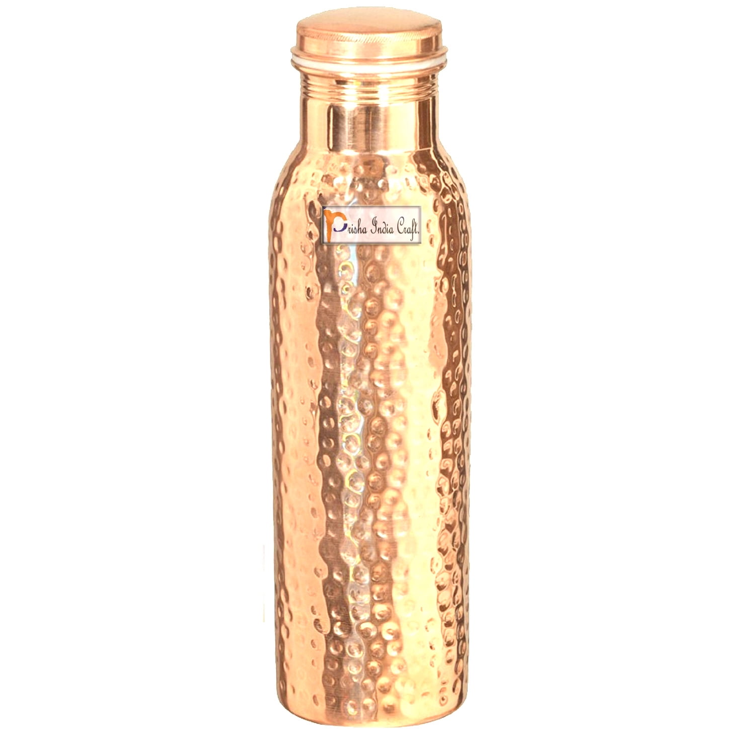 Prisha India Craft Pure Copper Bottle for Water, Joint Less, Hammered Design, 900 ML, 1 Piece