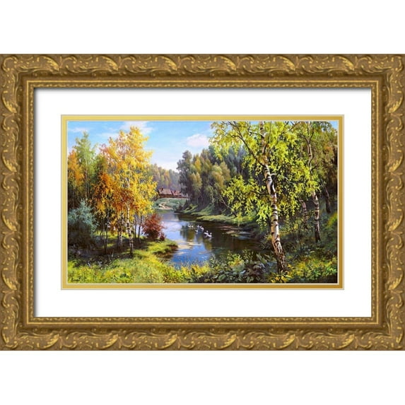 Prishchepa, Igor 14x10 Gold Ornate Wood Framed with Double Matting Museum Art Print Titled - Geese in the village