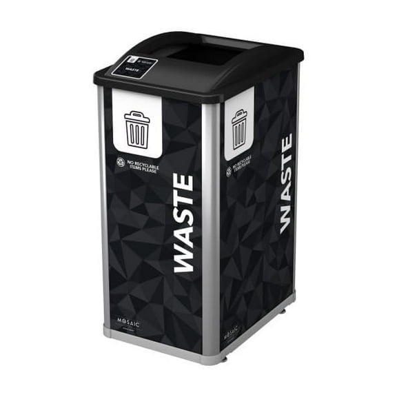Prism 32 Gallon Modular Recycling and Waste Bin Container System for Commercial and Public Spaces with Internal Retention Clips to Hold Bag (Black, Waste)