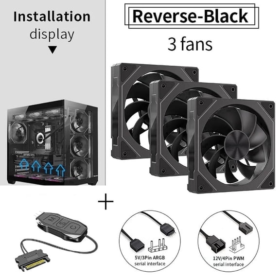 LDPCSJ Prism 5 PRO 3-Pack 120mm PWM ARGB Computer Case Fan, Black Reverse Flow High Airflow Fans with Hub Controller