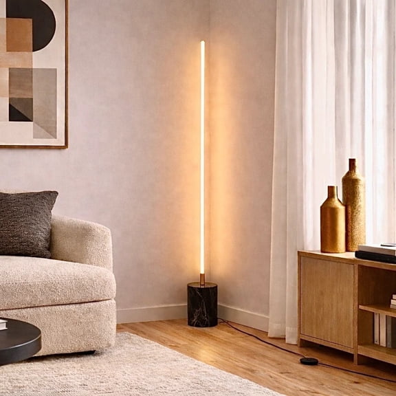 Prism Brassed Gold LED Floor Lamp with On/Off Switch, Faux Marble Base, 64-Inch Tall, Modern Standing Light for Living Room, Bedroom, Office, Energy-Efficient, No Bulb Included