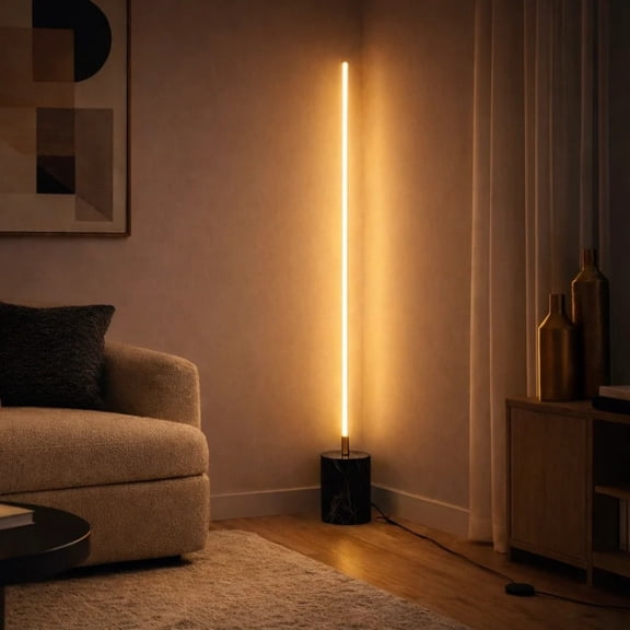 Prism Brassed Gold LED Floor Lamp with On/Off Switch, Faux Marble Base for Living Room, 64-Inch Tall
