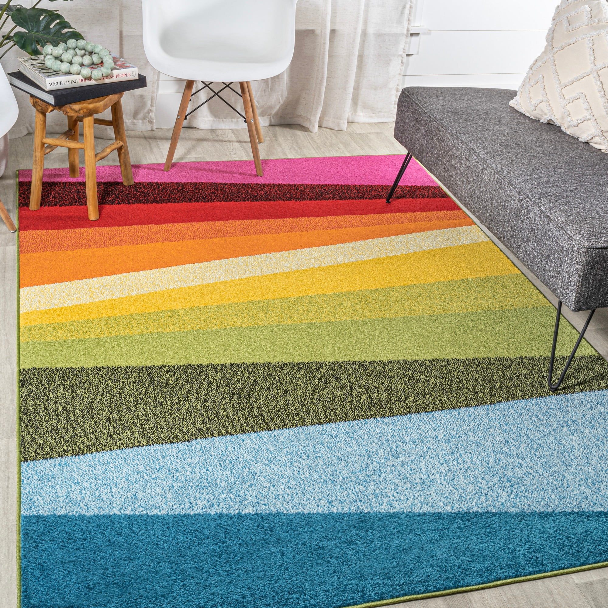 Colorful Geometric Striped Blue Synthetic Kids' 4' x 6' Rug