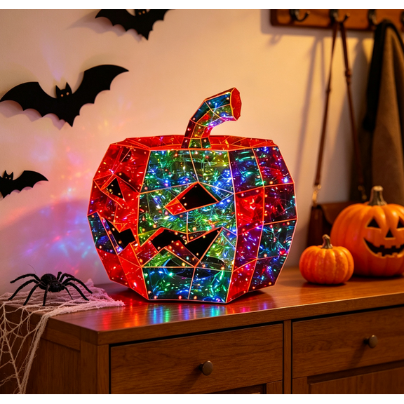 Prism Pumpkin Night Light, Iridescent LED Light Up Spooky Pumpkin Lamp, Colorful Glowing Prismatic Pumpkin for Indoor Halloween Table Decor