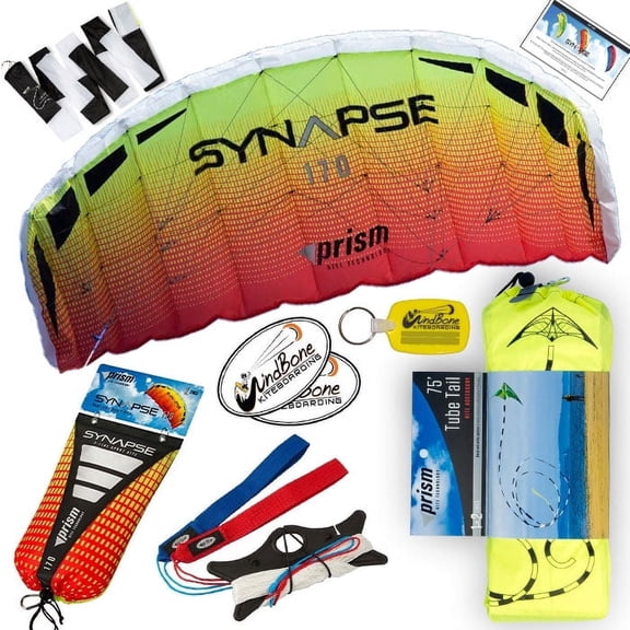 Prism Synapse 170 Foil Kite Bundle with Black & White 75ft Tube Tail Accessory plus WBK Decals & Key Fob