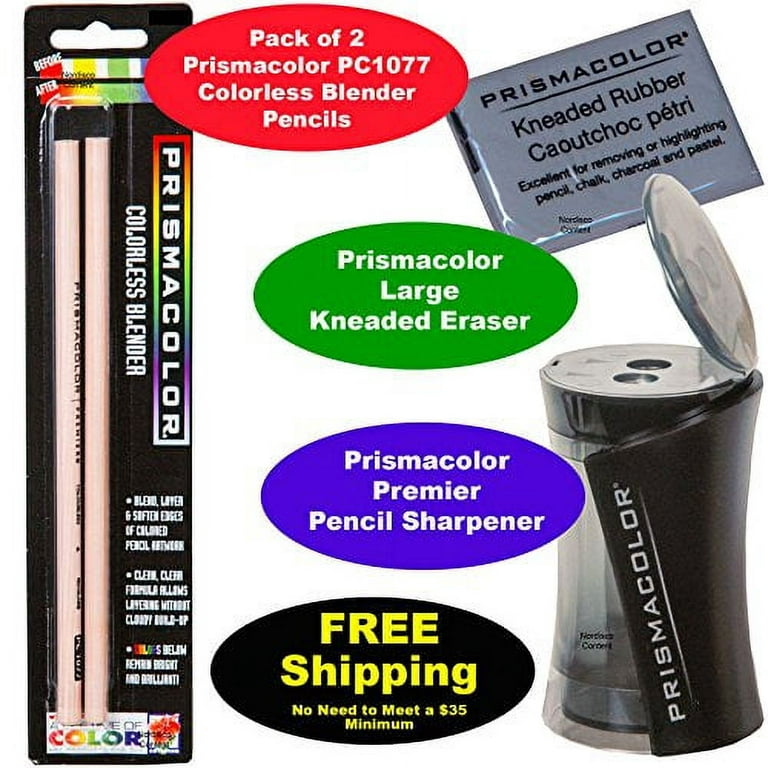 Prismacolor Premier Pencil Sharpener 1786520 with Pc1077 Colorless Blender  Pencils(2 Piece) & Large Kneaded Eraser(1 Piece) 
