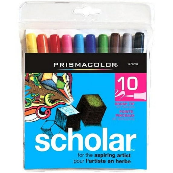 Prismacolor Scholar Brush Tip Water Based Art Markers, 10 Colored Markers