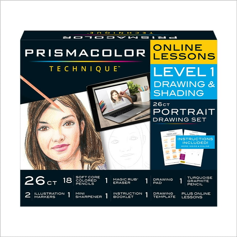 Prismacolor Technique, Art Supplies and Digital Art Lessons, Portrait Drawing Set, Level 1, 26 Count