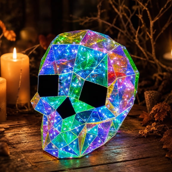 Prismatic Iridescent Skull Halloween Decorations, Colorful LED Luminous Skull Figurine Night Light, Halloween Magics Spooky Ornaments for Home Indoor Outdoor Yard Lawn Garden, Party Favors