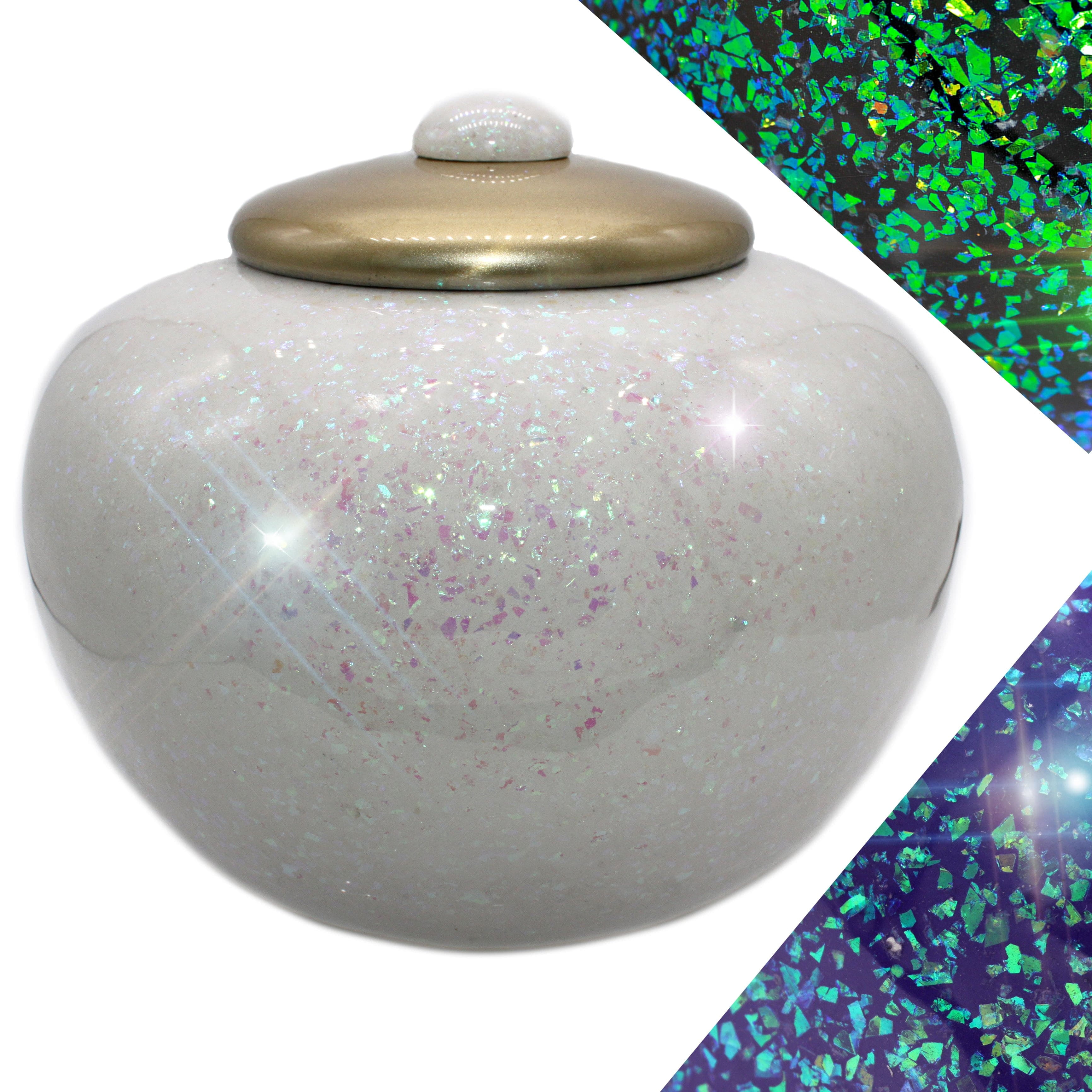 Prismatic White Sparkle Brass Cremation Urn with Candle Holder