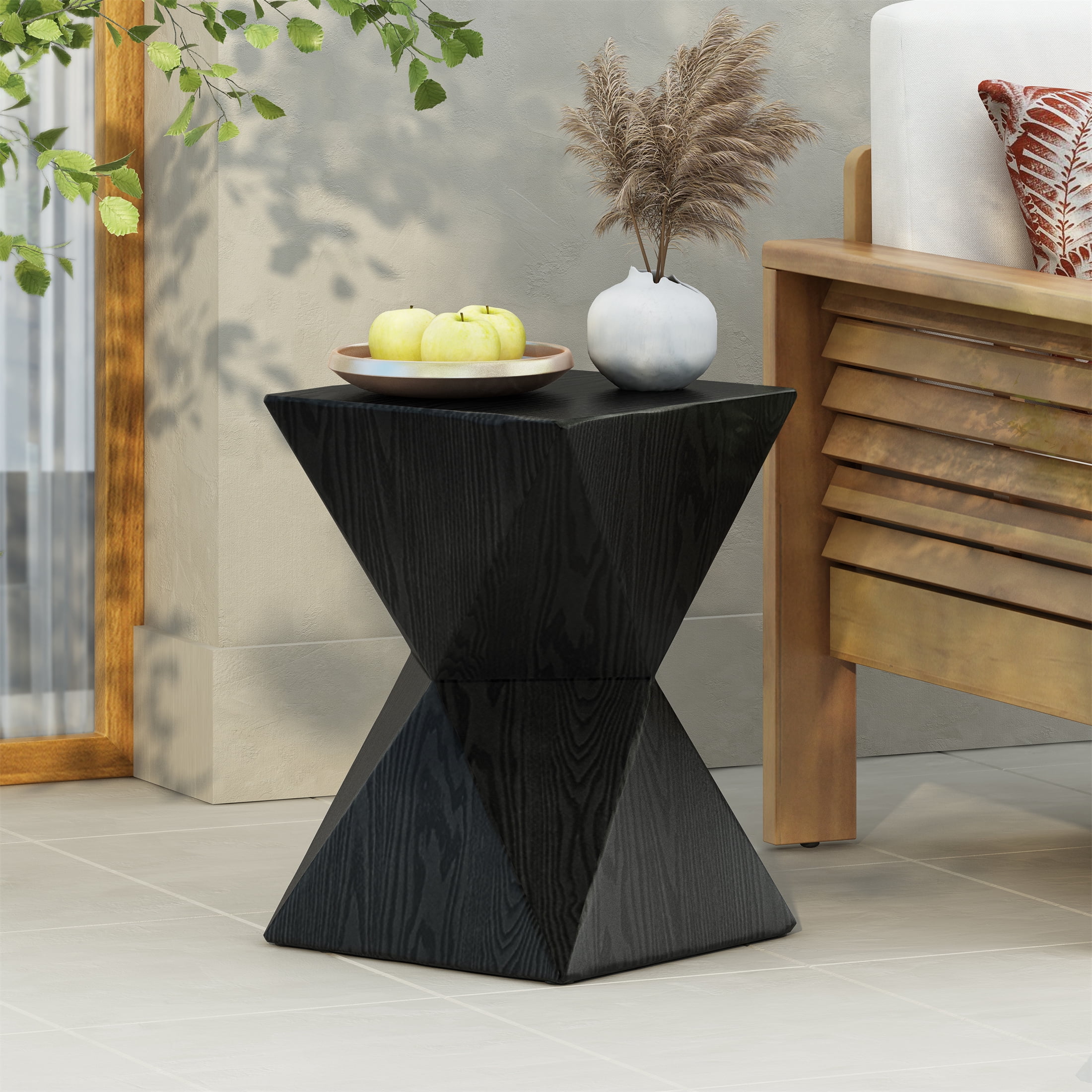 Prismatic Side Table, 14.25 Inch Black Concrete Table with Wood Grain Texture for Patio Garden, Black
