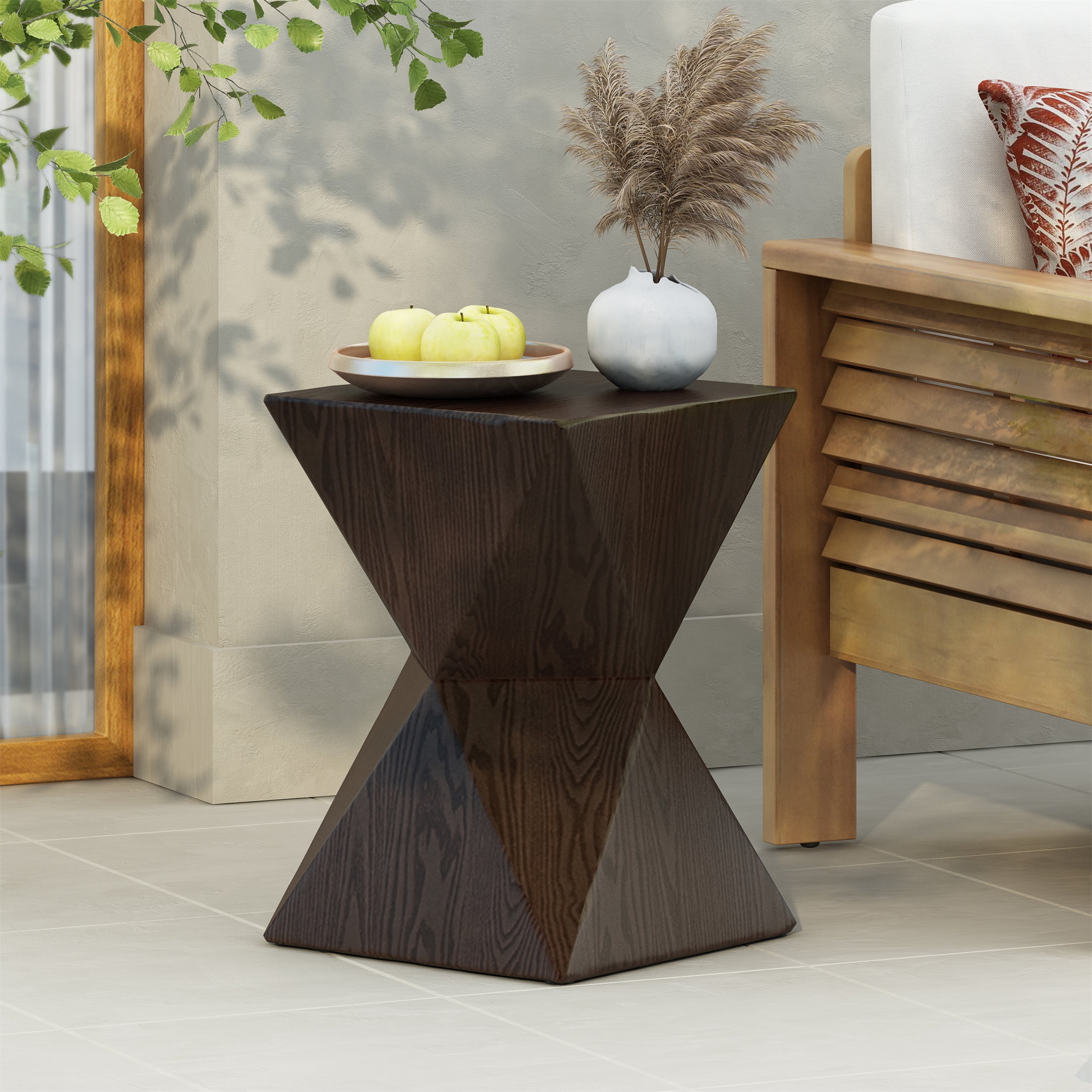 Prismatic Side Table, 14.25 Inch Natural Wood Grain Finish Concrete End Table for Patio Garden, White