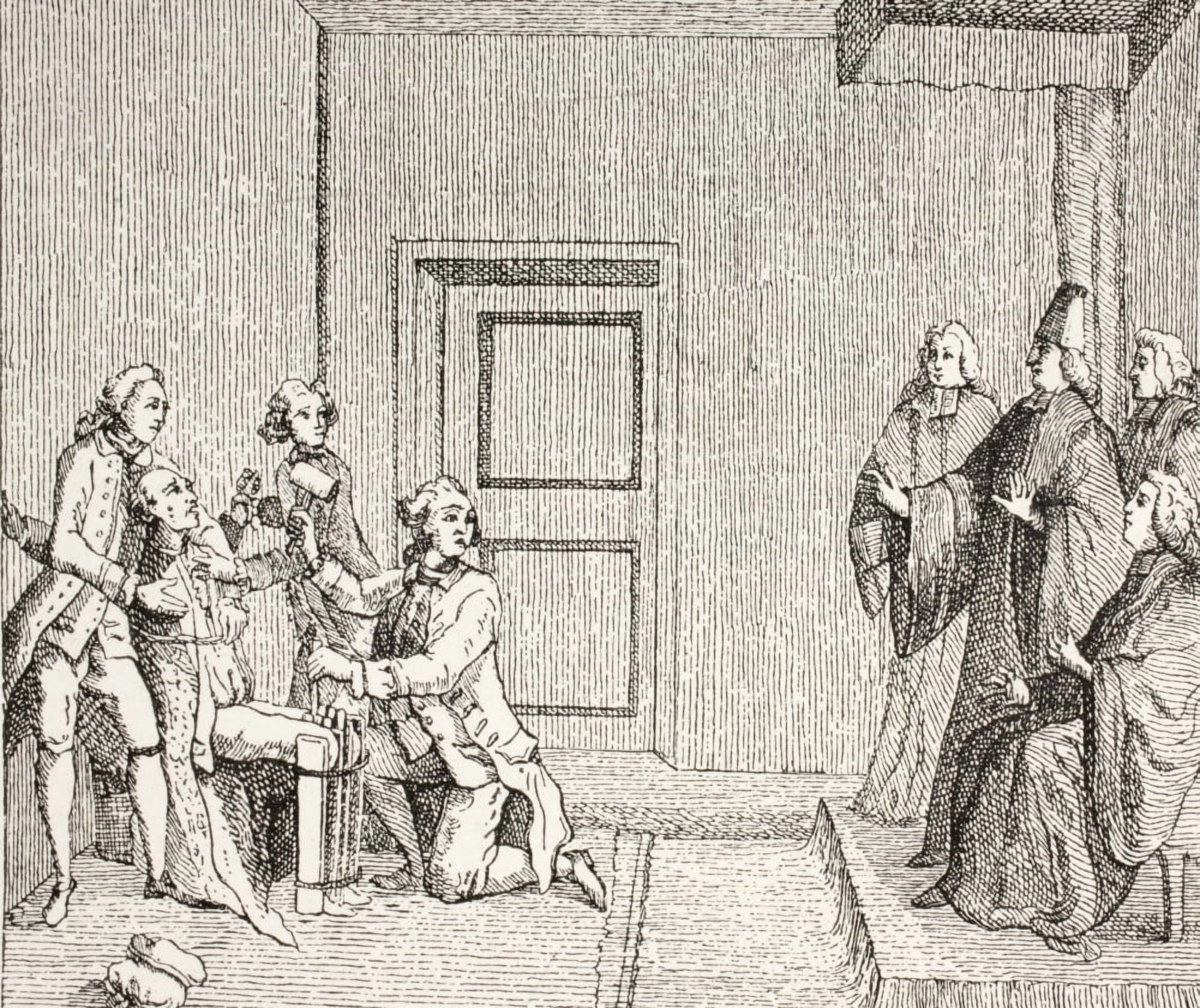 Prisoner Undergoing Torture Called The Brodequin Which Would Shatter The Knees From Xviii Siecle Institutions Usages Et Costumes Published Paris 1875 Canvas Art - Ken Welsh Design Pics (32 x 26)