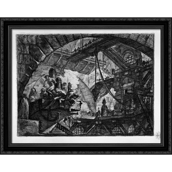 Prisoners on a Projecting Platform 34x28 Large Black Ornate Wood Framed Canvas Art by Giovanni Battista Piranesi