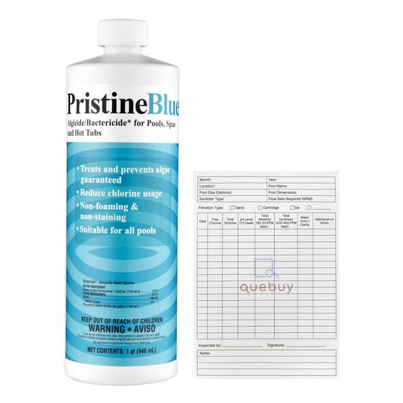 Pristine Blue 32oz Spa Care Solution Algicide for Pools, Spas & Hot Tubs + QueBuy Pool Log Book