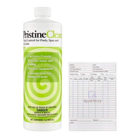 Pristine Clean 32oz – Metal and Scale Control for Pools, Spas & Hot Tubs with QueBuy Pool Log Book