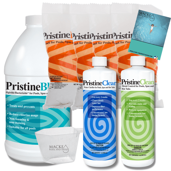 Pristine Maintenance Pack with Pristine Extra (Chlorine) Clean, Clear and Blue for Your Every 2 Week Maintenance Plus a measuring cup & MPP Product Guide