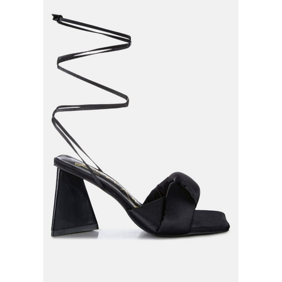 Pristine Satin Strap Triangular Block Heel Sandals