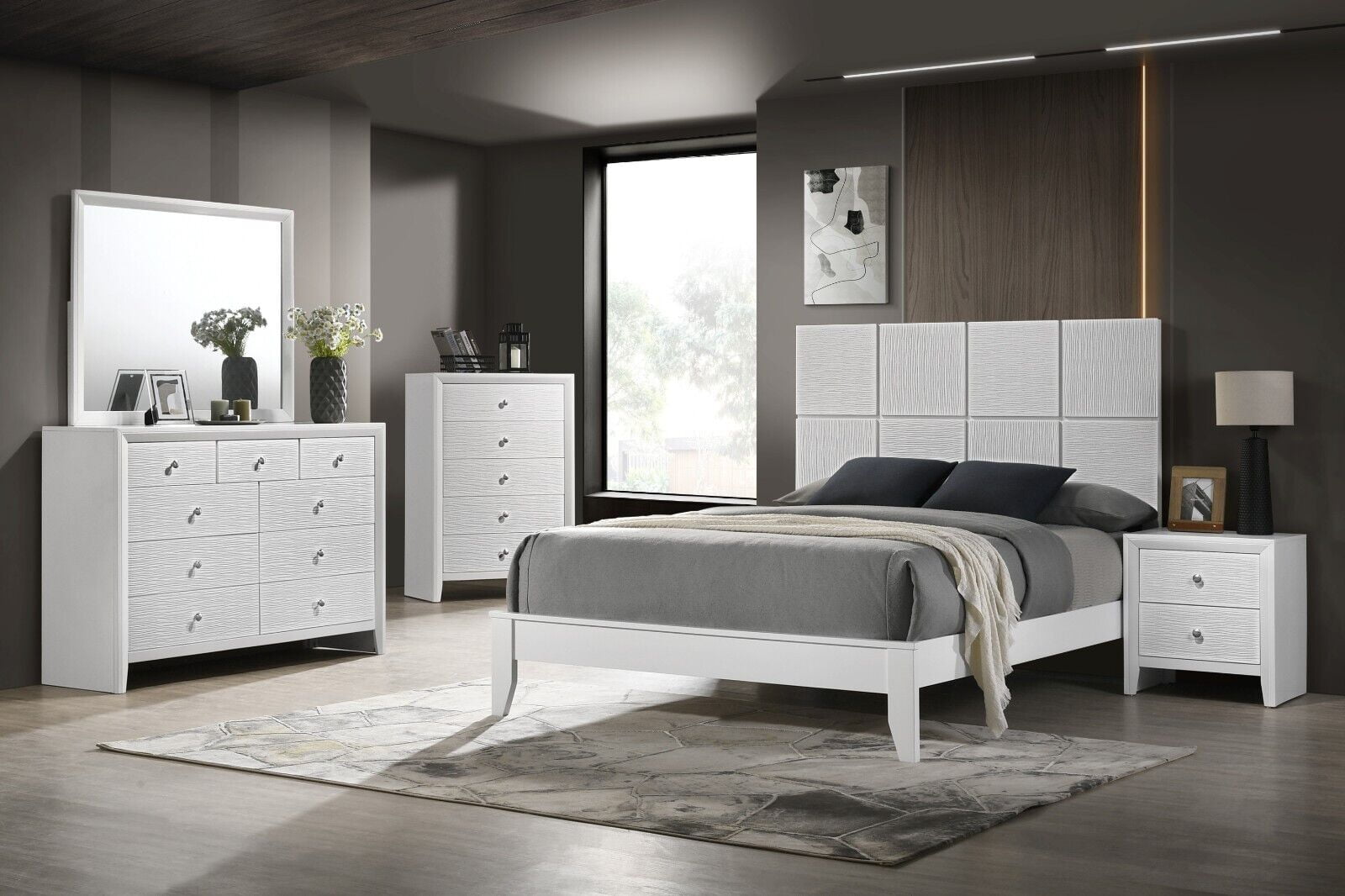 Pristine White Wooden Square Full Size Panel 5pc Bed Set Bedroom Furniture