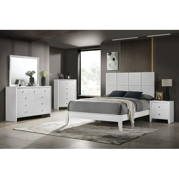 Pristine White Wooden Square Queen Panel Bed 5pc Master Bedroom Furniture Set