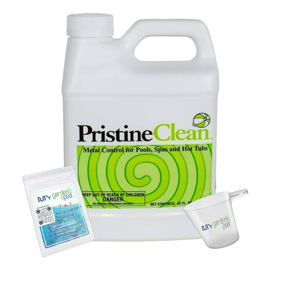 PristineClean 32 fl oz Pool & Spa Stain and Scale Prevention Controls Iron Copper & Mineral Deposits for Clear Water Includes My Garden Pool Measuring Cup & Test Strips