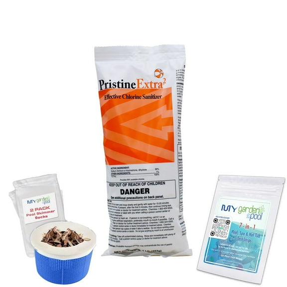 PristineExtra 1 lb Powerful Oxidizing Granules for Pools & Spas Multi Purpose Non Chlorine Shock for Clear Fresh Water Includes My Garden Pool 2 Scum Socks 7 in 1 Test Strip & Pool IQ Assistant