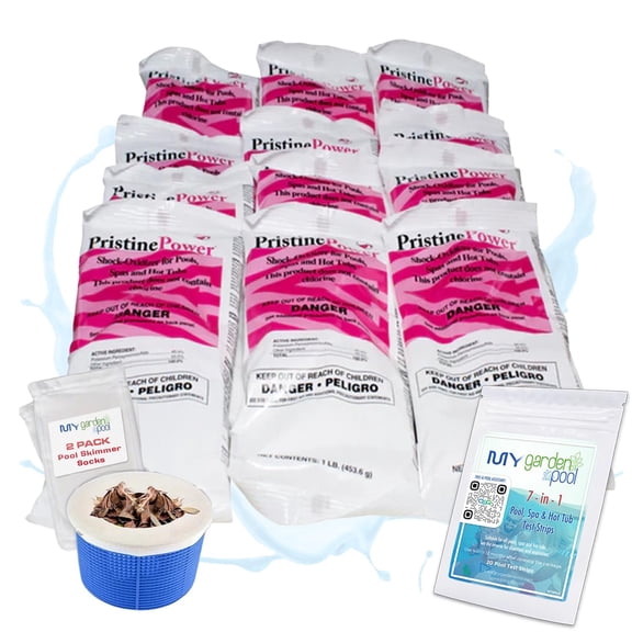 PristinePower 12 lb Non-Chlorine Shock for Pools & Spas Clears Water & Organic Matter Includes My Garden Pool 2 Scum Socks, 7-in-1 Test Strip & Pool-IQ AI Assistant