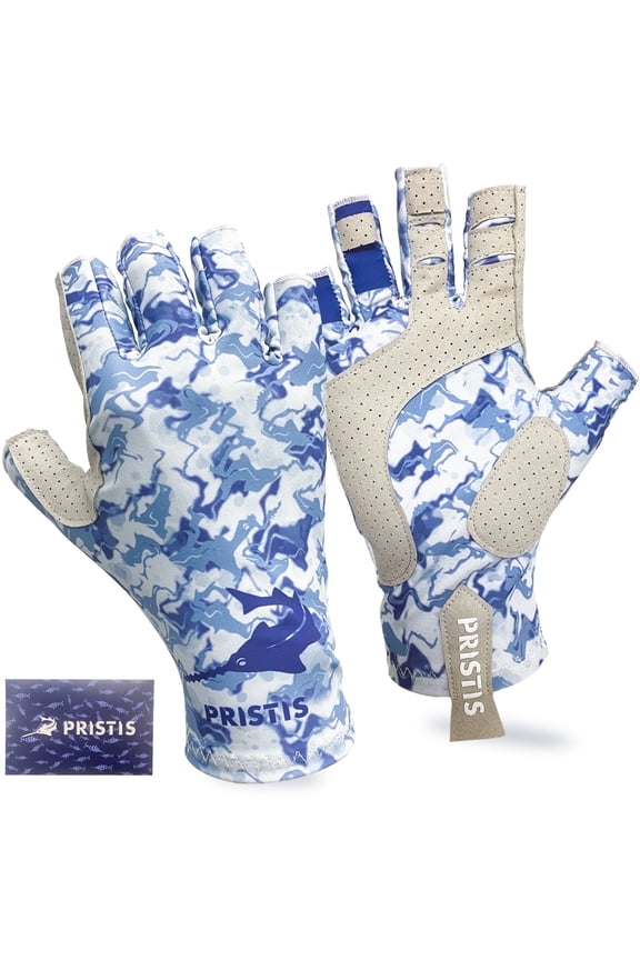 UPF 50+ Half-Finger Fishing Gloves, UV Protection Breathable Sun Gloves for Men Women, Water Camo, S/M