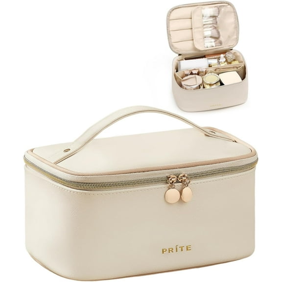 Prite Makeup Bag, Large Capacity Portable Travel Cosmetic Bag, Waterproof Makeup Organizer for Women with Handle and Divider(Beige)