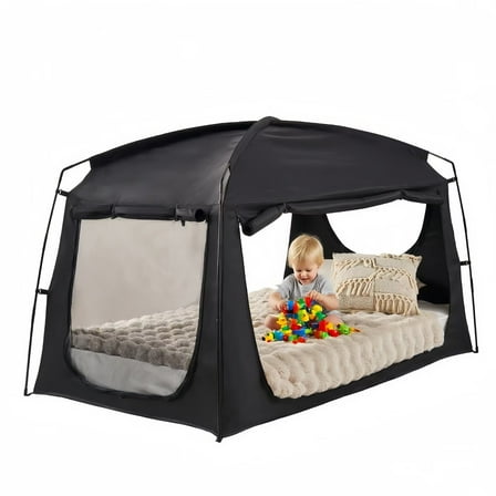 Black Privacy Twin Bed Tent for Adults Kids,Blackout Sleep Bed Tents Canopy with Breathable Mesh Windows